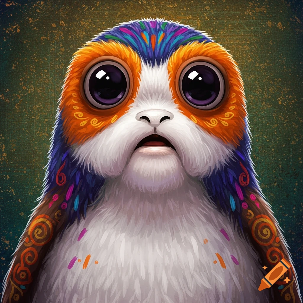 A close-up of a Porg creature from Star Wars stylized as a colorful alebrije with large eyes.