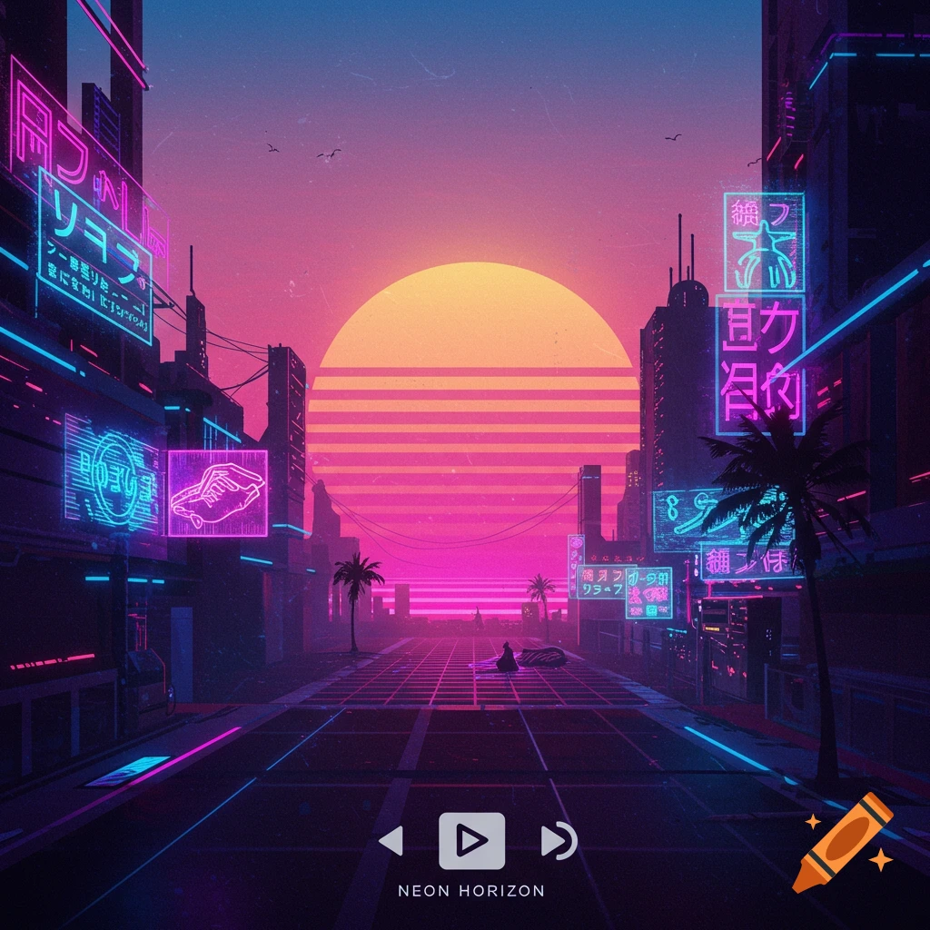 Cyberpunk city street scene at sunset with neon signs and palm trees.