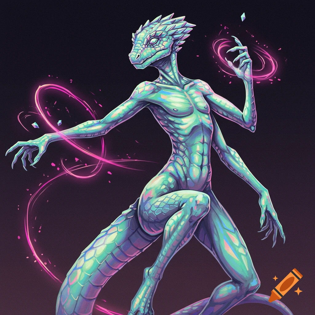 A reptilian creature surrounded by pink magic swirls and crystals.