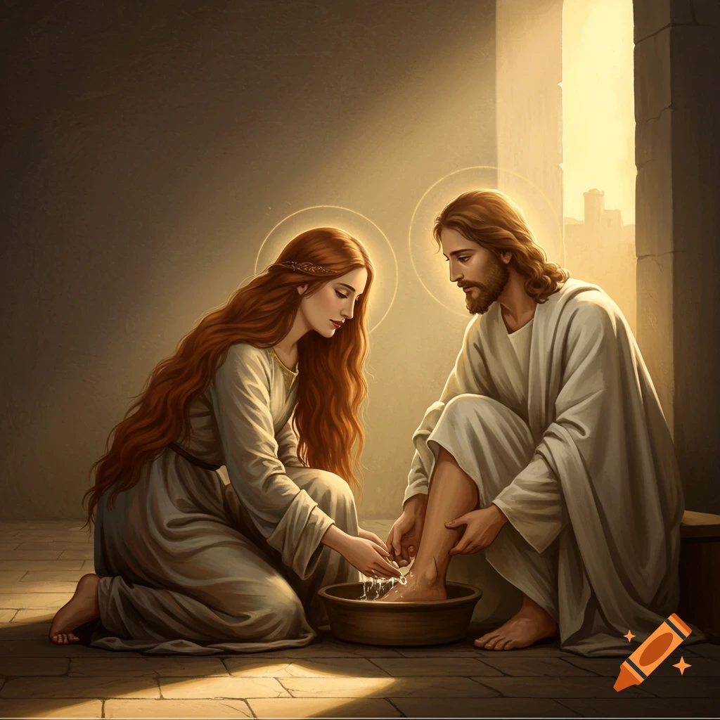Mary kneels and washes Jesus' feet in a basin.