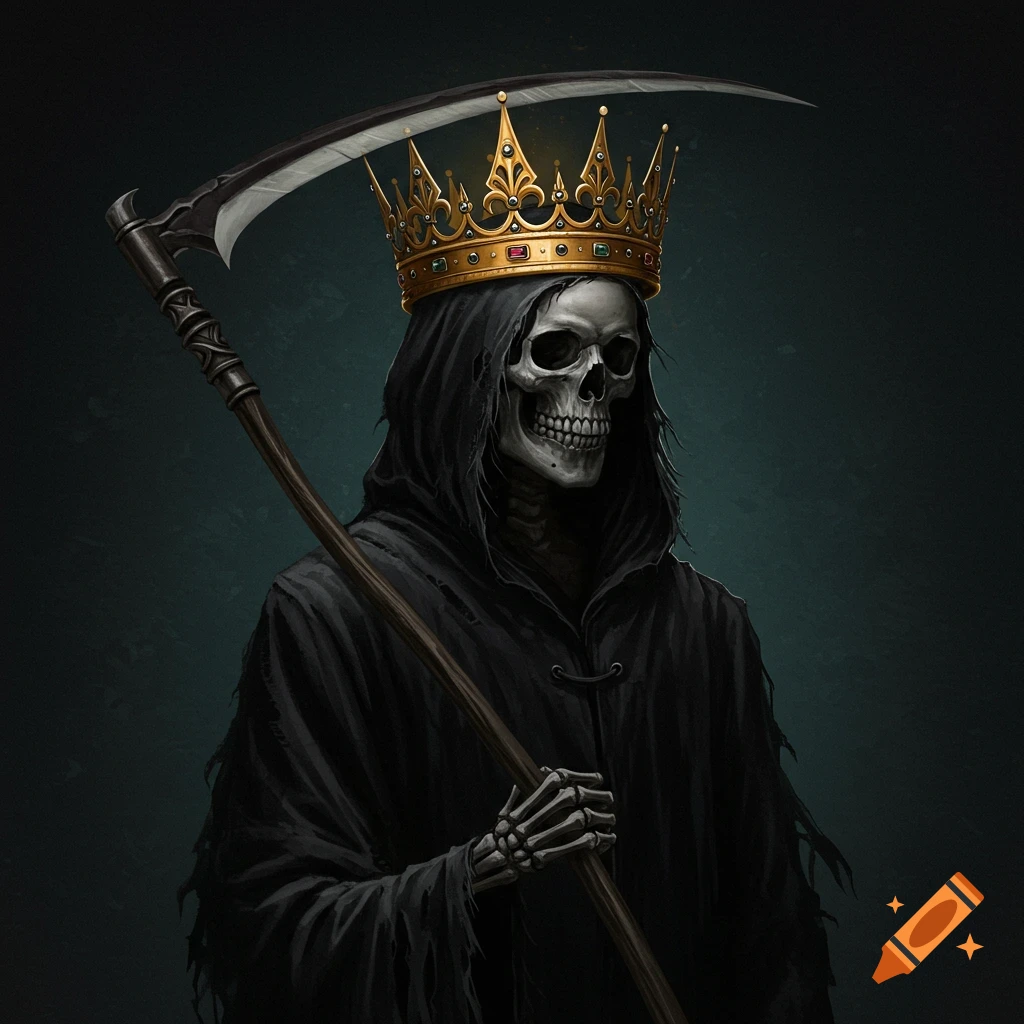 A Grim Reaper wearing a golden crown and holding a scythe.