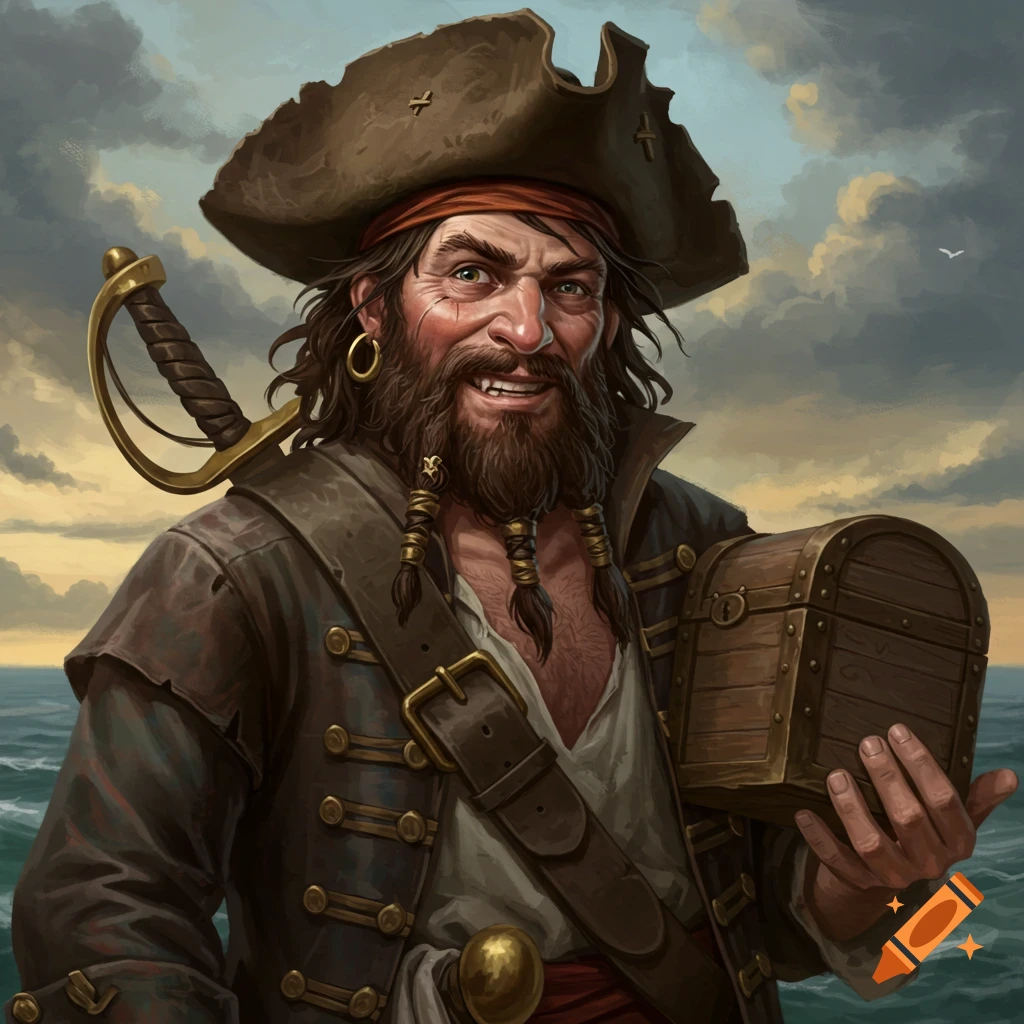 A smiling pirate with a beard and sword, holding a treasure chest against a cloudy sky.