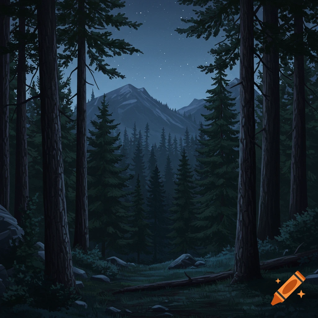 A mountain forest at night under a starry sky.