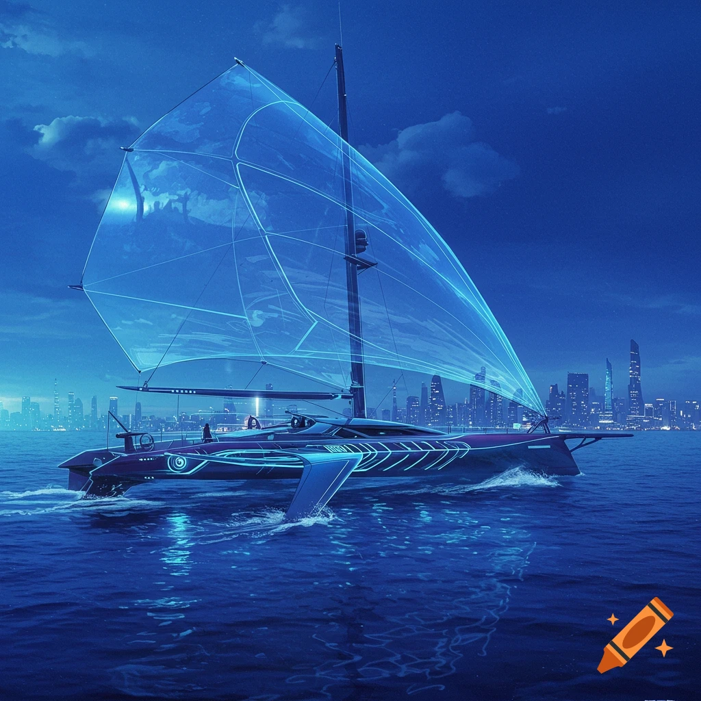 A futuristic sail yacht with a glowing sail on the water at night, with a city skyline in the background.