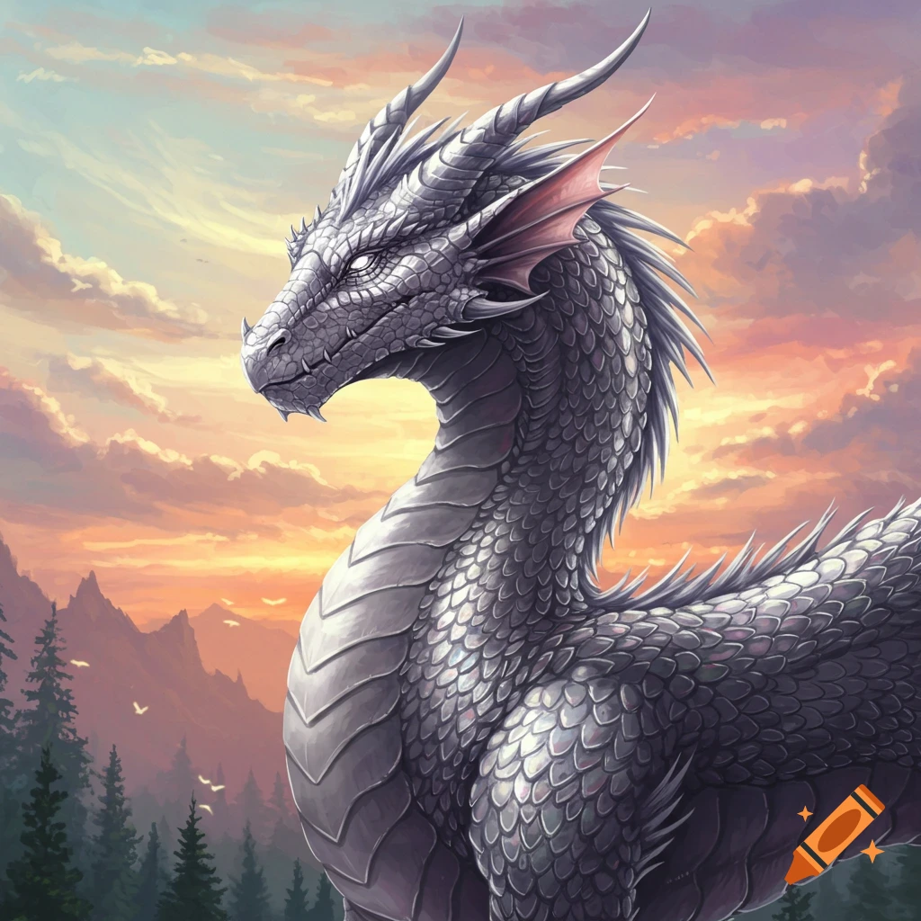 A silver dragon against a sunset sky.