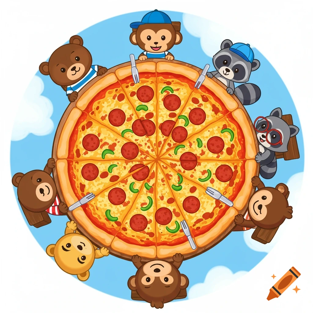 Cartoon animals around a pizza