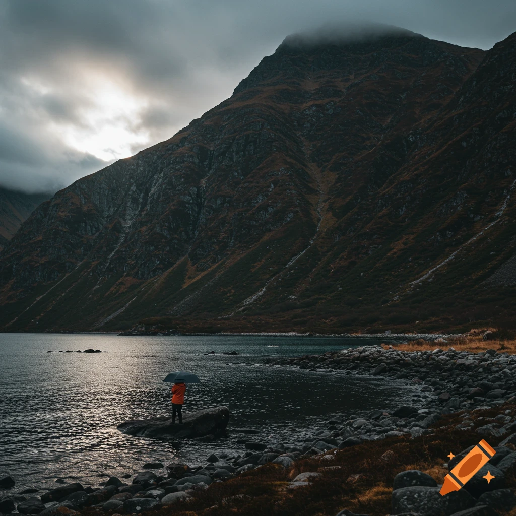 A person stands with an umbrella on a rock in a lake with a mountain under a stormy sky.