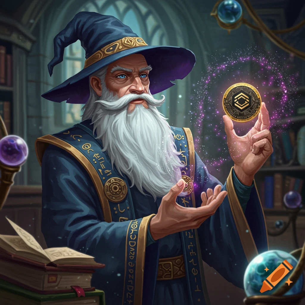 A wizard holding a glowing coin in a library.