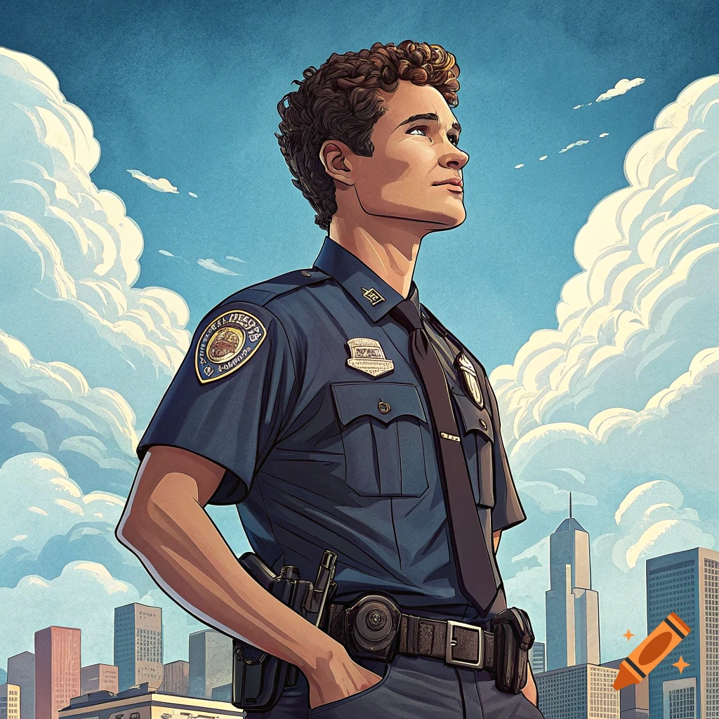 An illustration of a man in a police uniform looking up at the sky above a city.