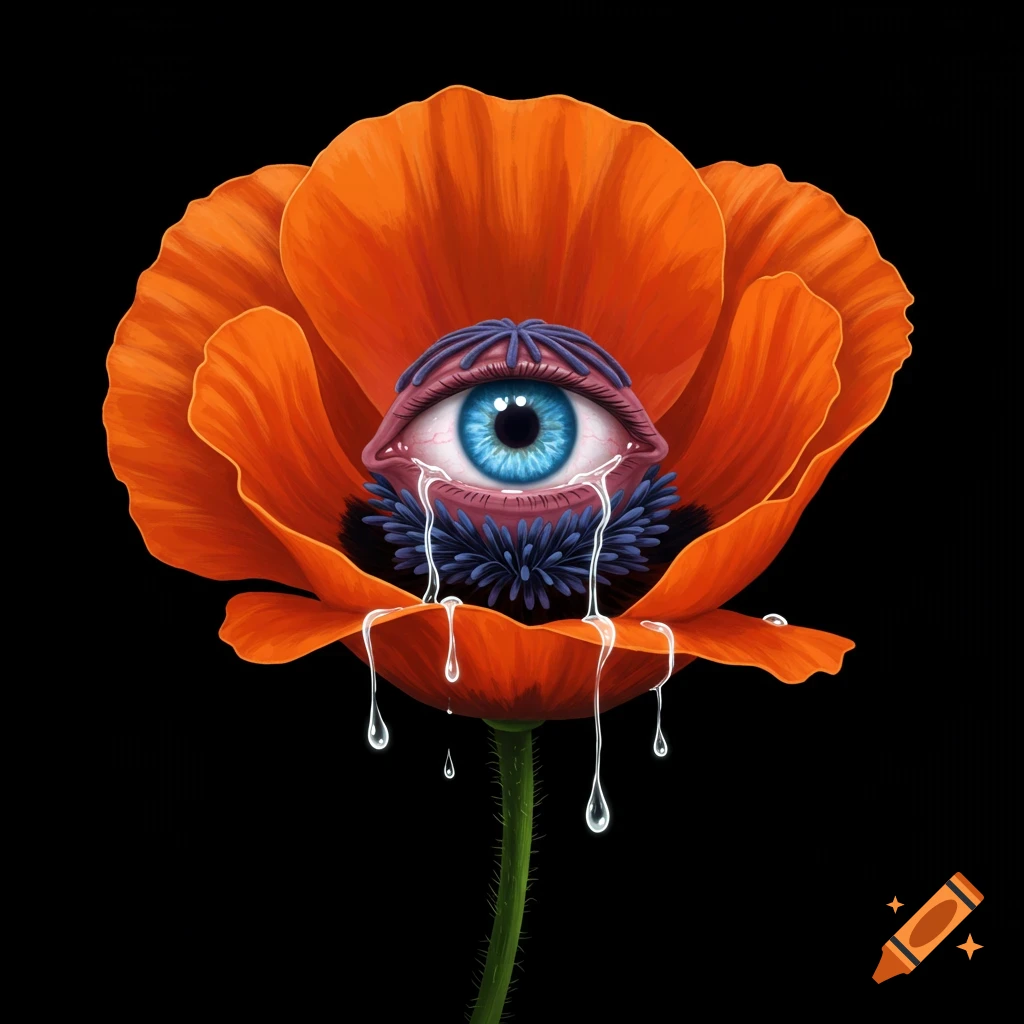 An orange poppy flower with a blue eye crying tears inside