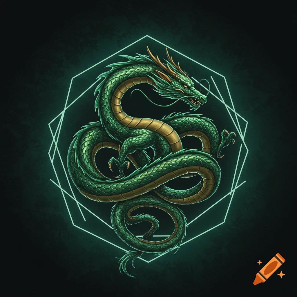 An illustration of a green and gold dragon coiled within a glowing hexagon.