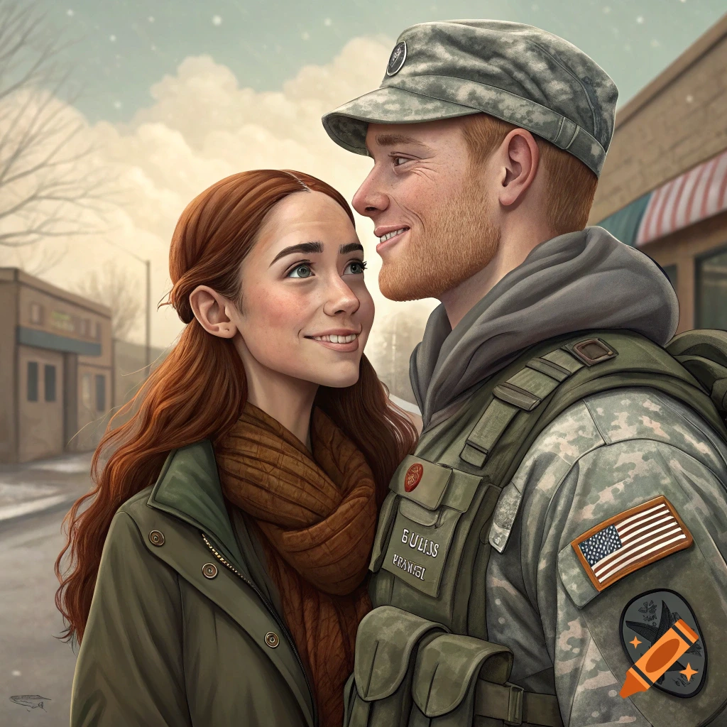 Portrait of a smiling soldier and a woman looking at each other on a snowy street.