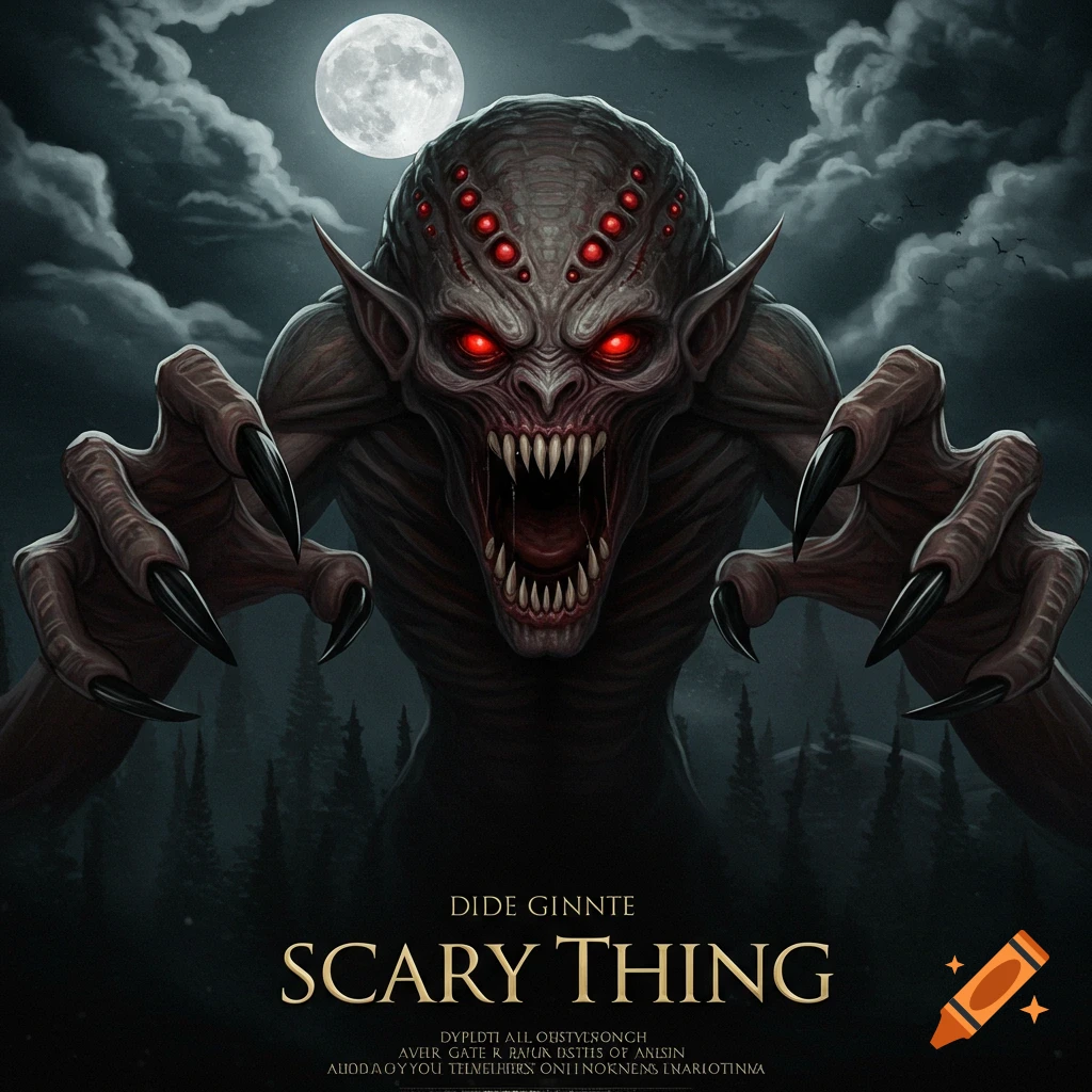 A fanged monster with red eyes and claws reaching forward, standing under a full moon.