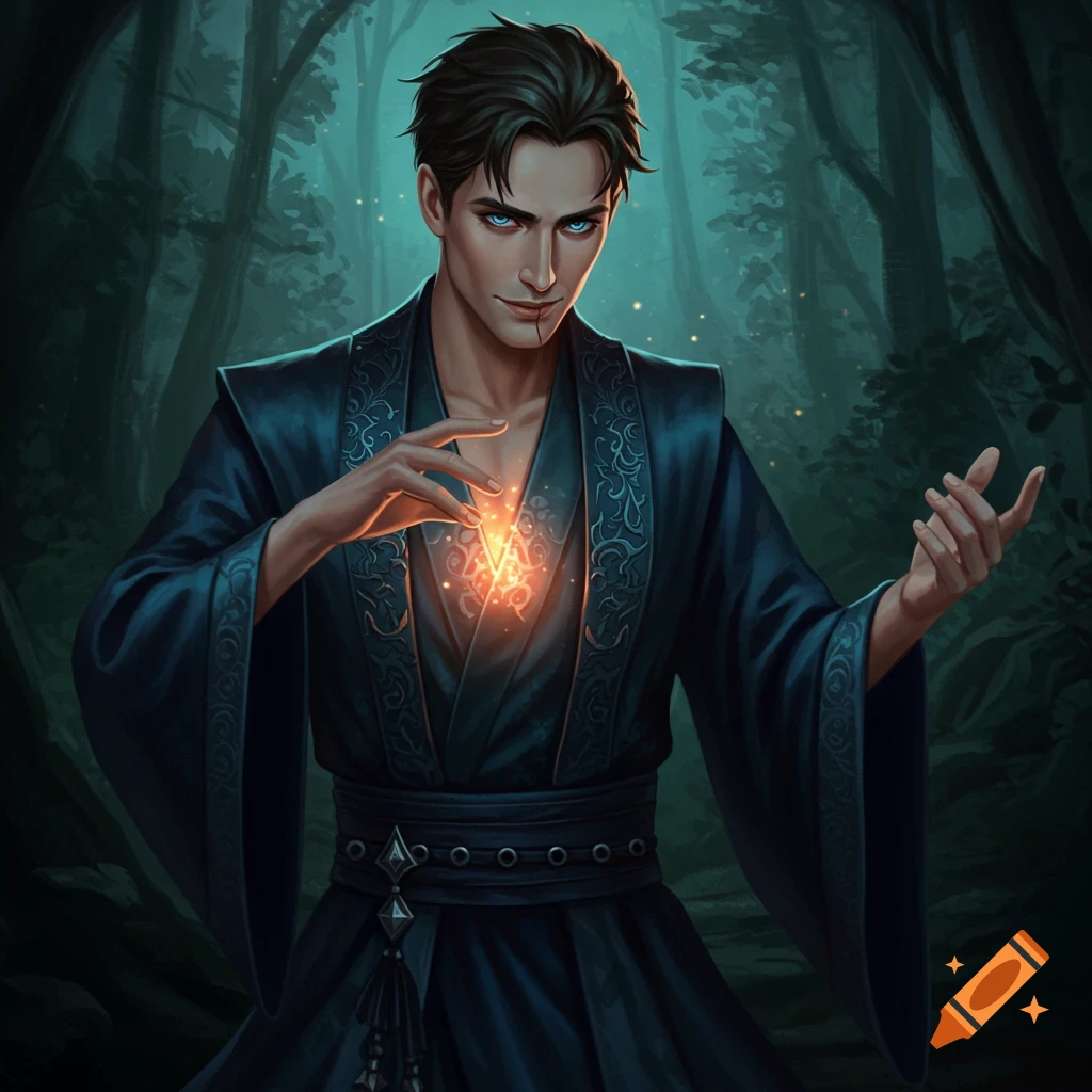 A mysterious man in a blue robe conjuring light in a dark forest.