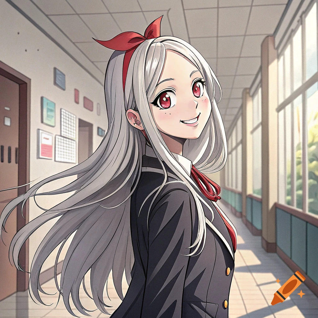 Anime style portrait of a smiling girl with white hair and red eyes in a school uniform in a hallway.