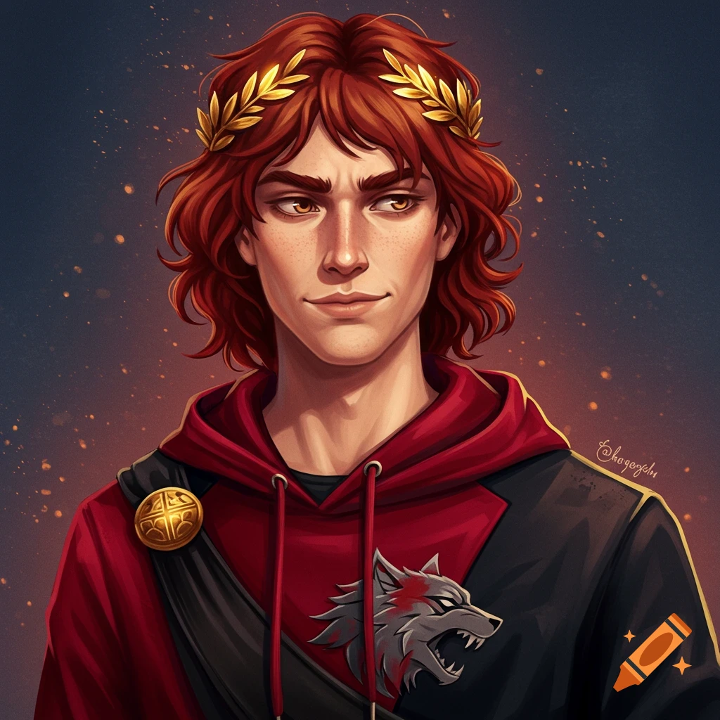 Portrait of a red-haired young man with a golden wreath and a wolf emblem hoodie.