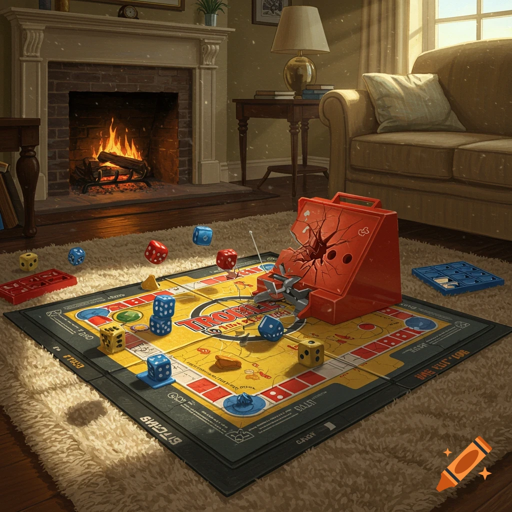 The board game Trouble is shown with a broken dice popper and scattered dice in a cozy living room by a fireplace.