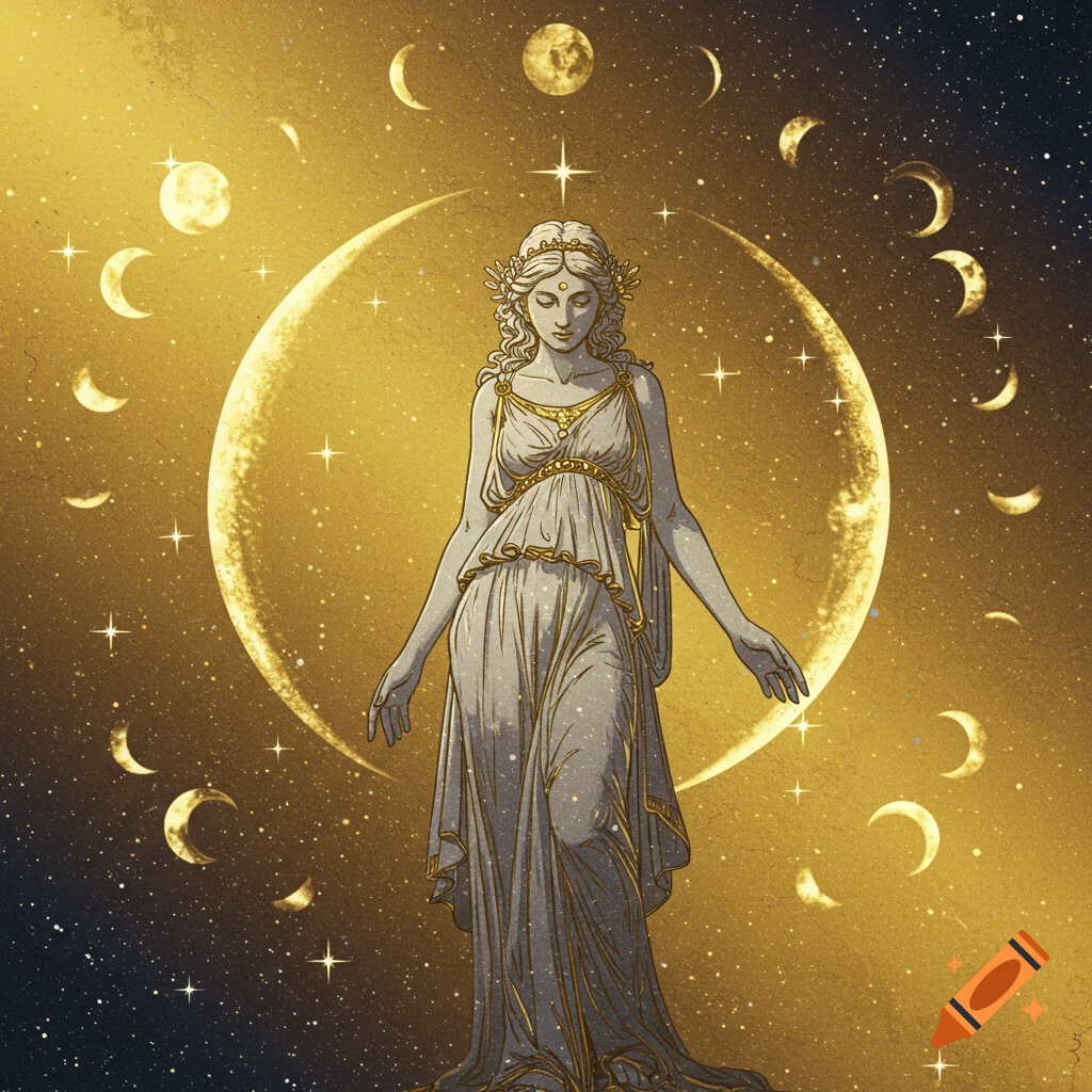A stylized figure resembling a goddess stands in front of a golden moon, surrounded by stars and moon phases.