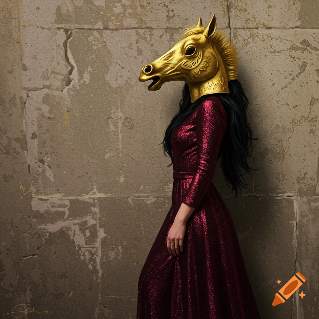 A person in a red dress and gold horse mask standing by a wall.