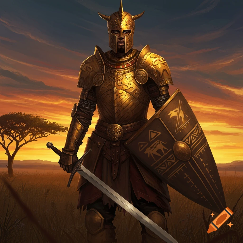 An African knight in golden armor with sword and shield at sunset in a savanna.