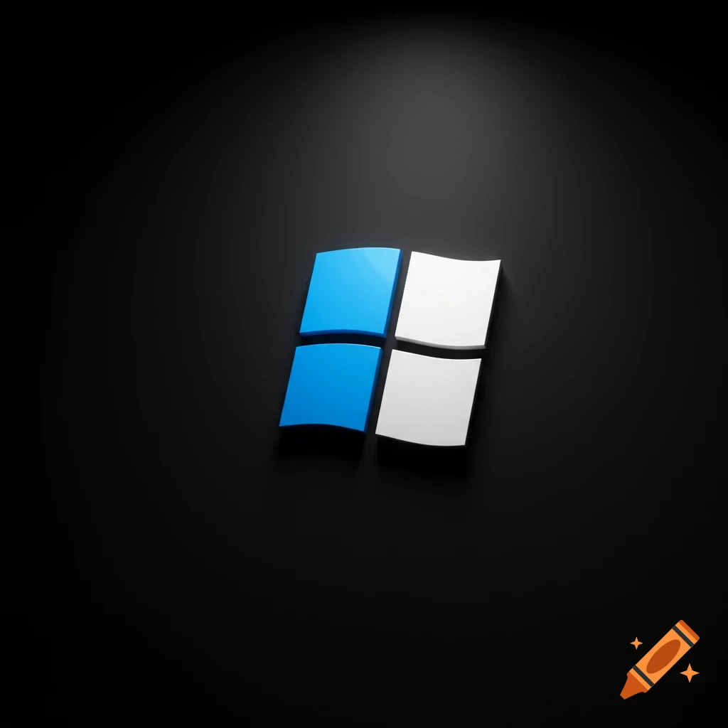A 3D rendering of the blue and white Windows logo on a dark background.