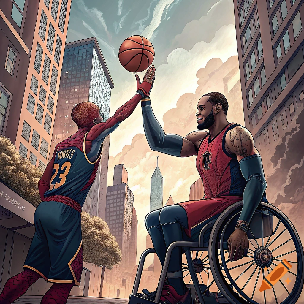 Illustration of two figures, one in a Spiderman-like suit and one in a wheelchair, high-fiving with a basketball in a city.