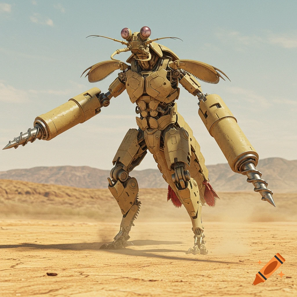 Robotic mantis shrimp with drill arms stands in a desert.