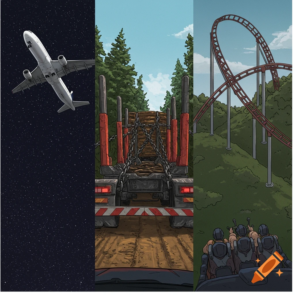 An illustrative triptych showing an airplane in space, a logging truck, and a roller coaster.