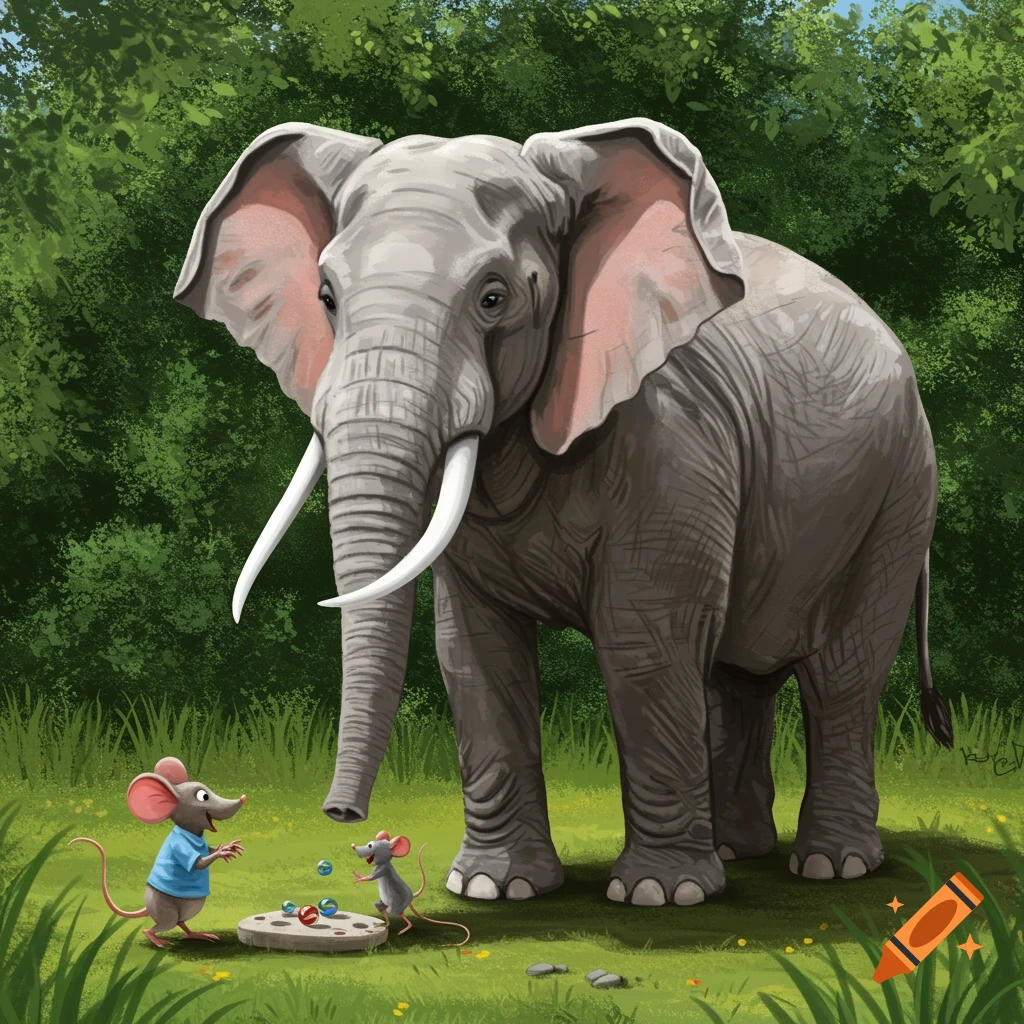 A large elephant watches two small mice playing marbles in a grassy area with trees.