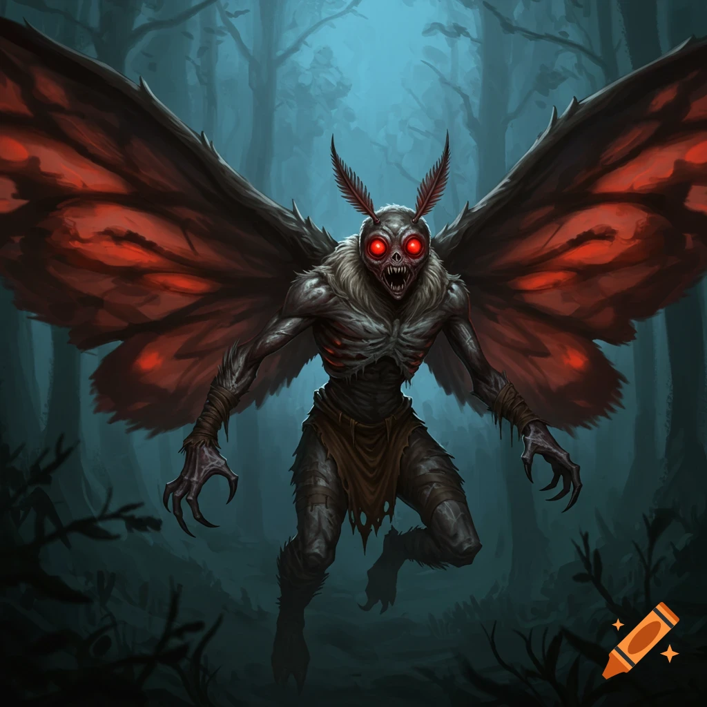 A scary Mothman creature with red eyes stands in a dark forest.