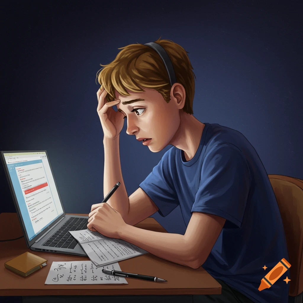 A stressed student taking an online exam at night.