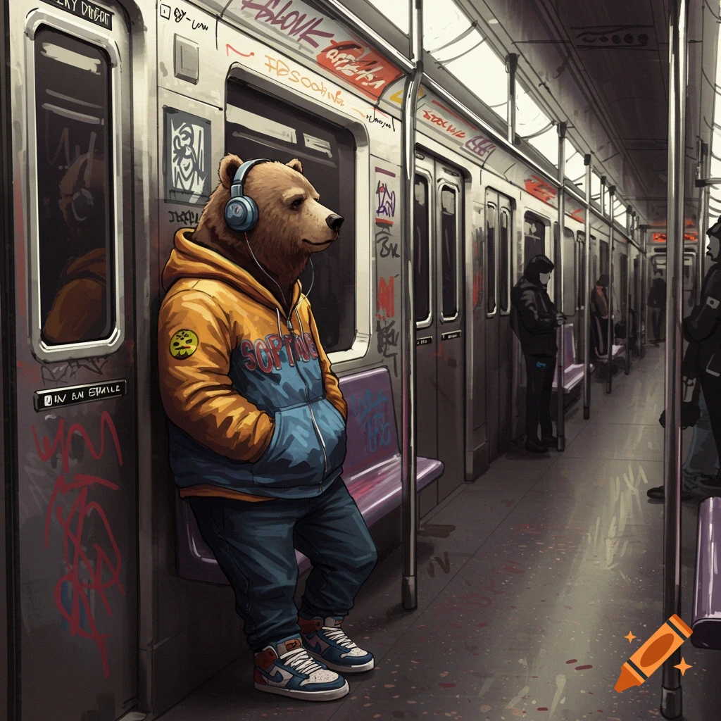 Painting of a bear in a hoodie and headphones leaning against a door in a graffiti-covered subway car.