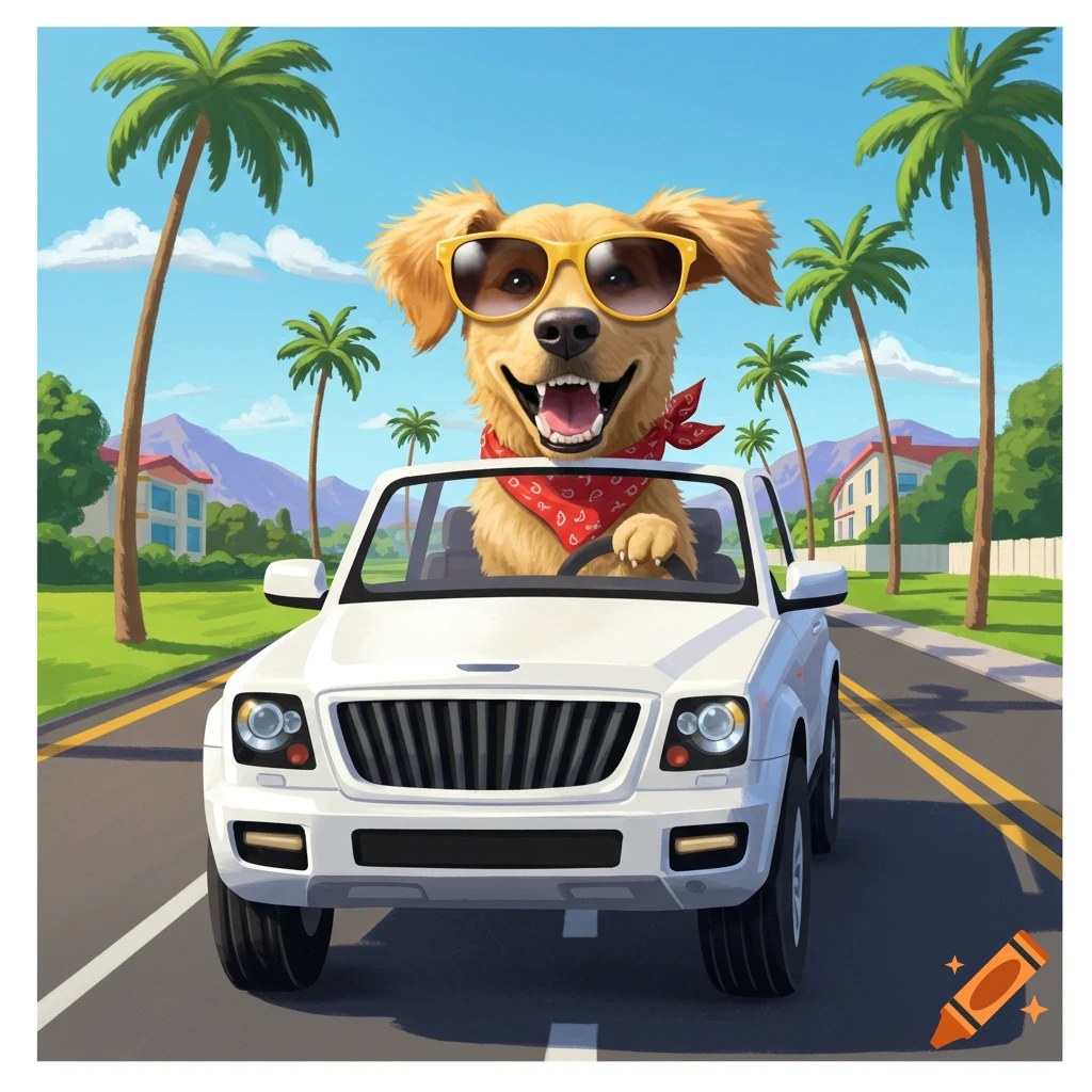Happy dog wearing sunglasses driving a white SUV with palm trees.