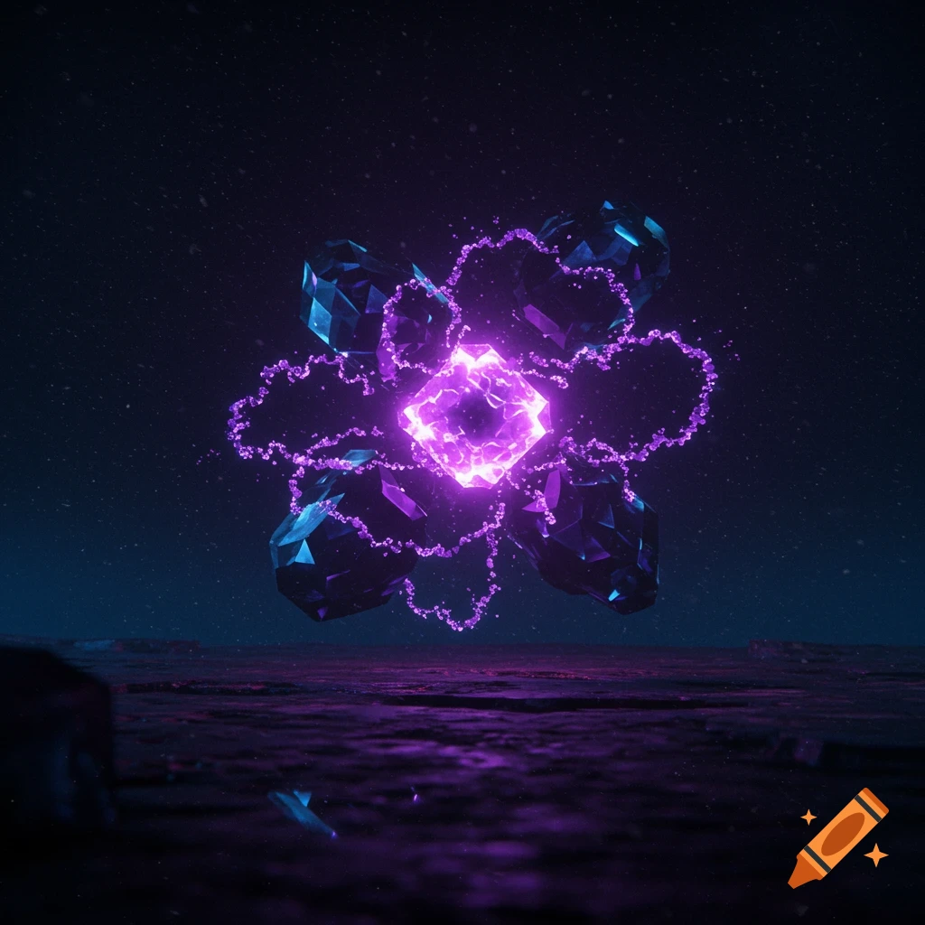 A glowing purple crystal object surrounded by dark geometric shapes connected by tendrils in a dark space setting.
