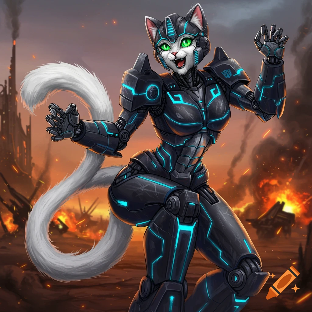 A feline humanoid in black and blue robot armor stands in a war-torn futuristic city landscape.