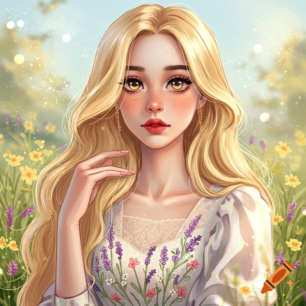 Blonde woman with amber eyes in a flower meadow