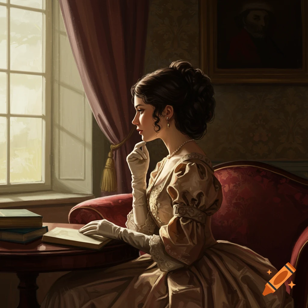 Seated woman in a 19th-century dress reading by a window.