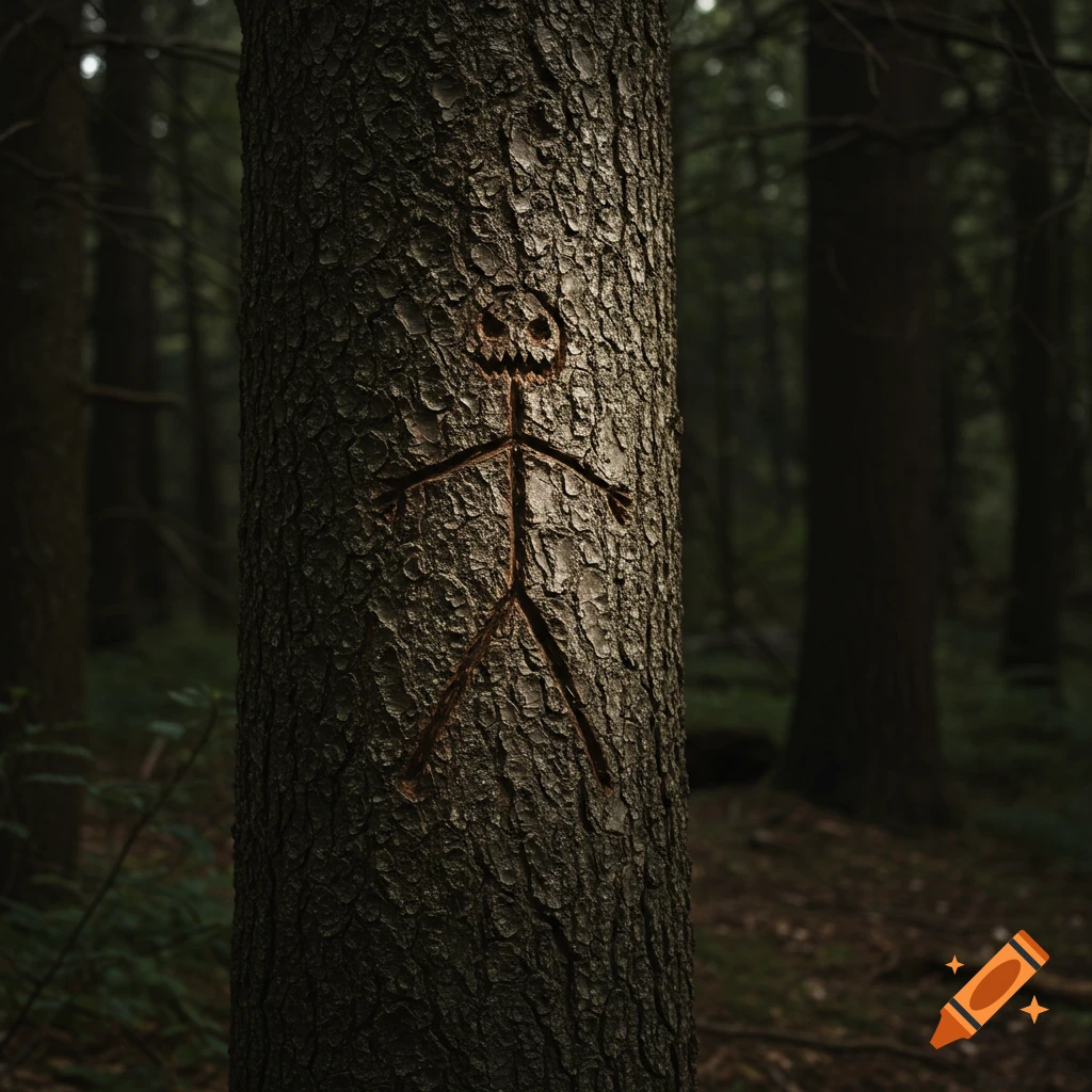 Creepy stick figure carving with a skull head on a tree trunk in a dark forest.