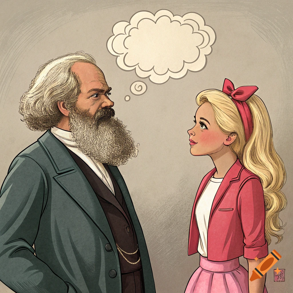 Illustration of Karl Marx and Barbie looking at each other with a thought bubble.