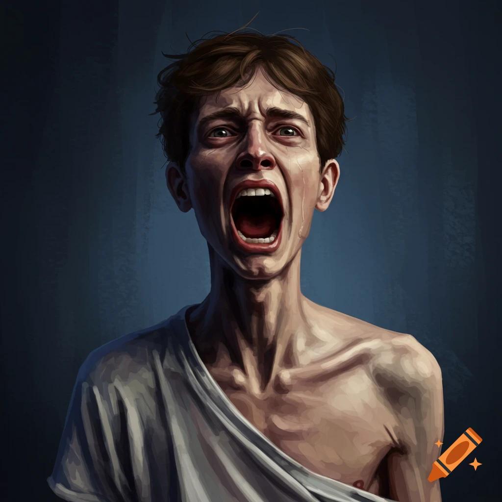 A skinny young man screaming with tears.