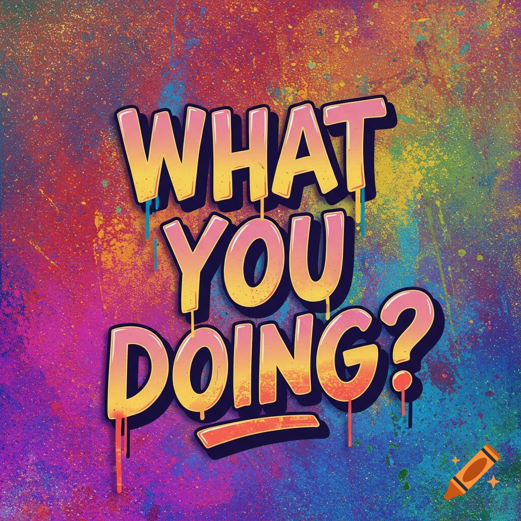 Stylized text 'WHAT YOU DOING?' on a vibrant spray-paint background.