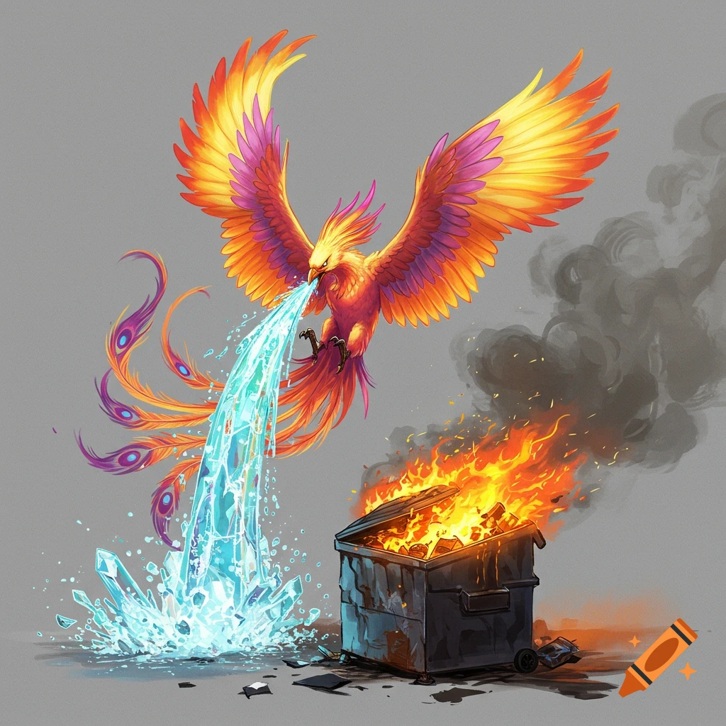 A vibrant phoenix descends, extinguishing a dumpster fire with a stream of water and ice crystals.