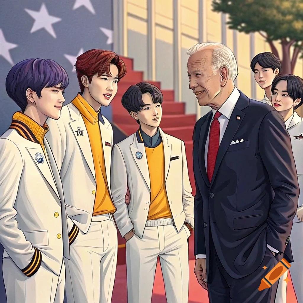 Illustration of Joe Biden meeting a Kpop group in white suits.