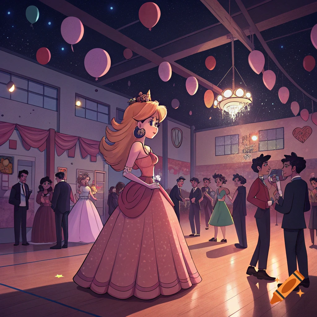 Animated Princess Peach at a high school prom in a gymnasium