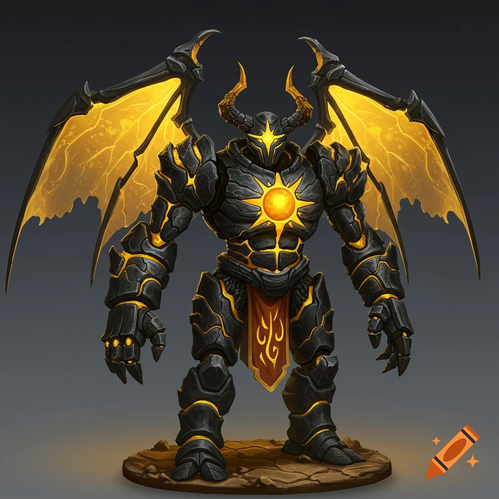 Large dark stone golem with glowing yellow accents, demon wings, and a sun core on its chest, standing on rocky ground.