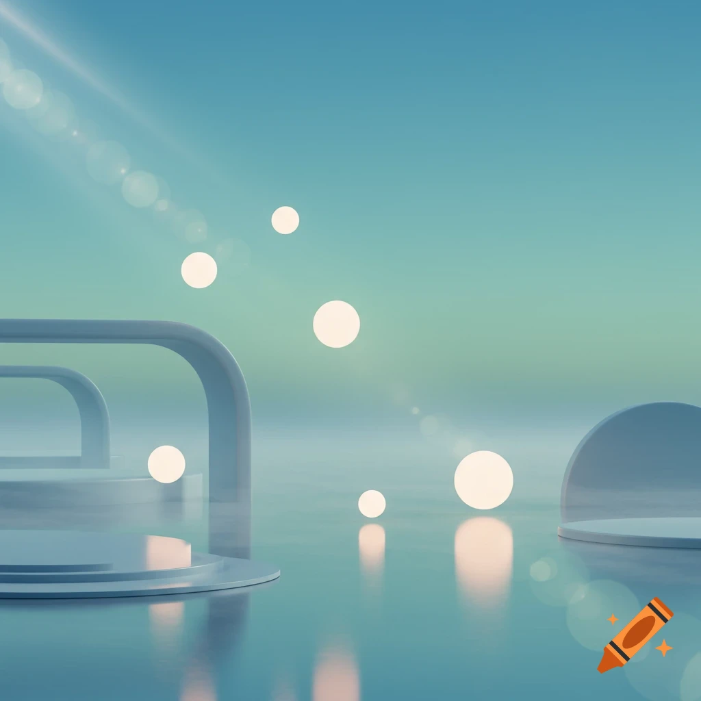 A minimalist 3D render of white platforms on a reflective surface with floating glowing orbs, lens flares, and a gradient sky.