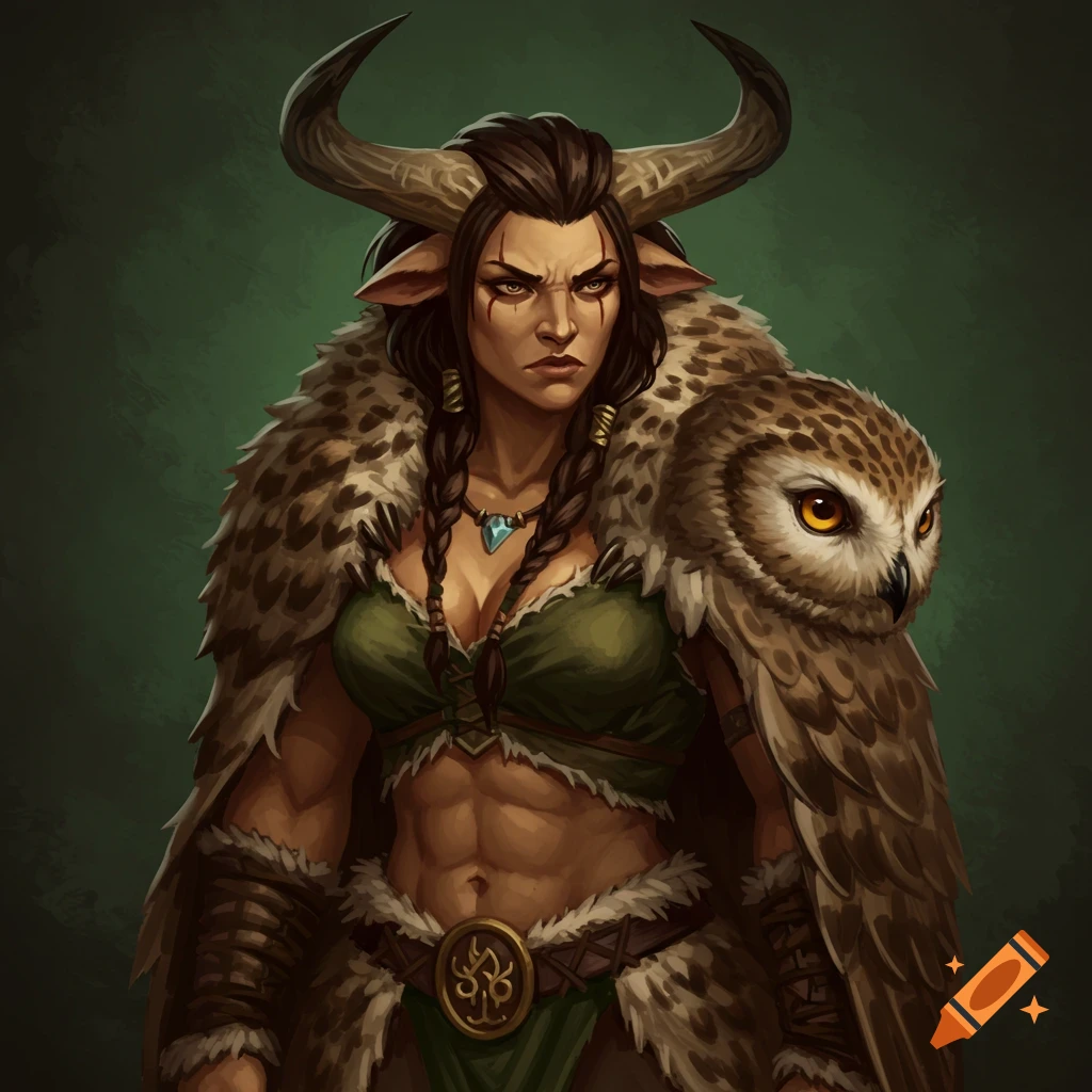 A female minotaur with an owlbear skin cloak and an owl on her shoulder.
