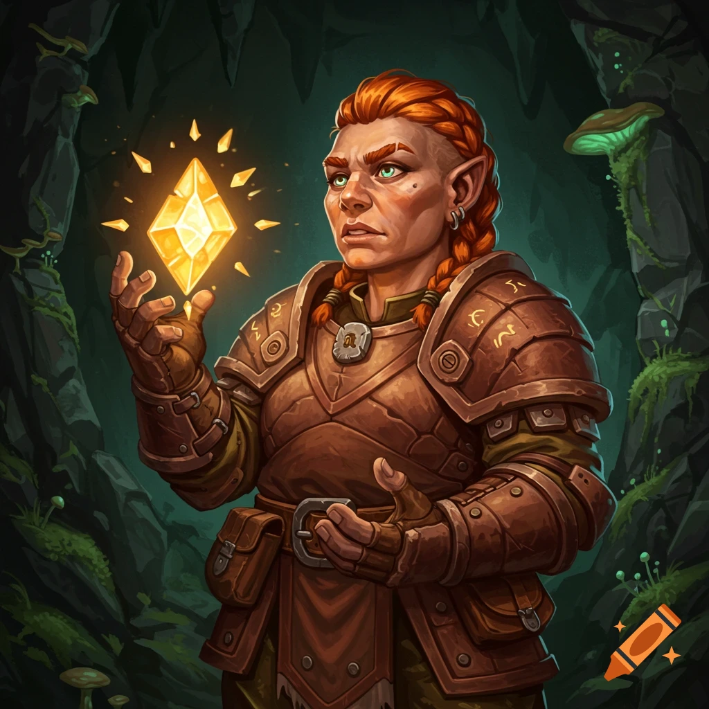 A female gnome cleric holds a glowing gem in a cave.