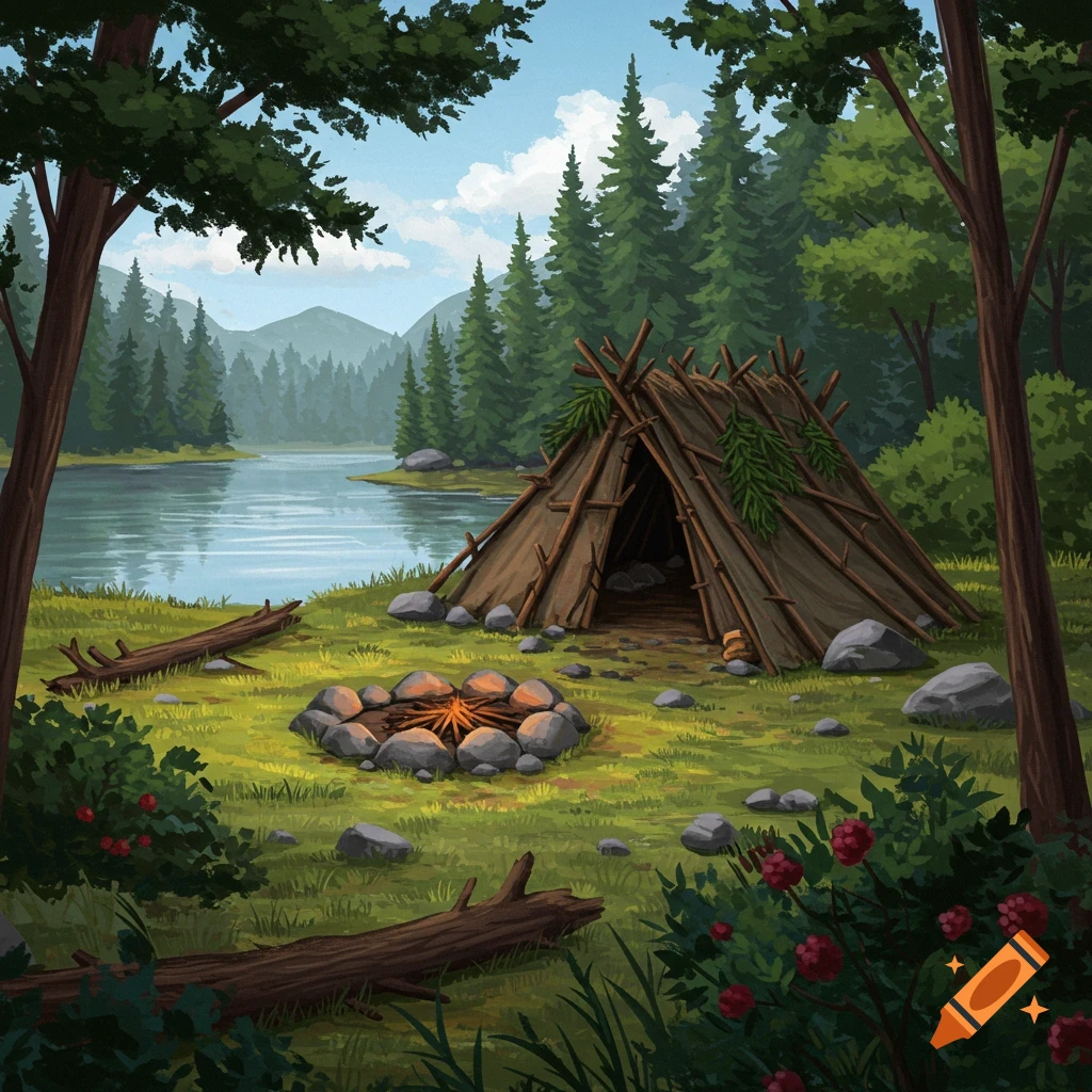 Wilderness campsite with a lean-to shelter, stone fire pit, lake, forest, and berry bushes.