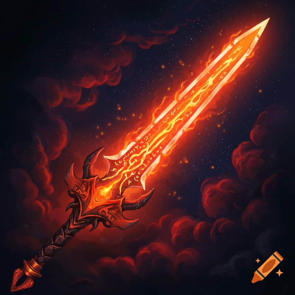 A glowing, fiery magical longsword with symbols on its blade against a dark, starry sky with red clouds.